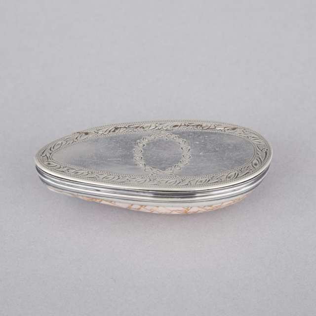 Engraved Silver Mounted Textile Cone Shell Snuff Box, 19th century
