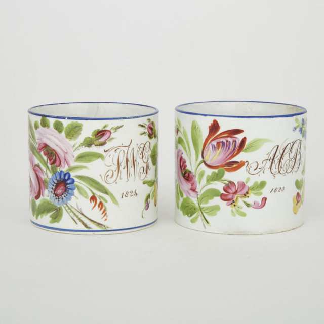 Two Bristol Pottery Pearlware Mugs, dated 1823 and 1824