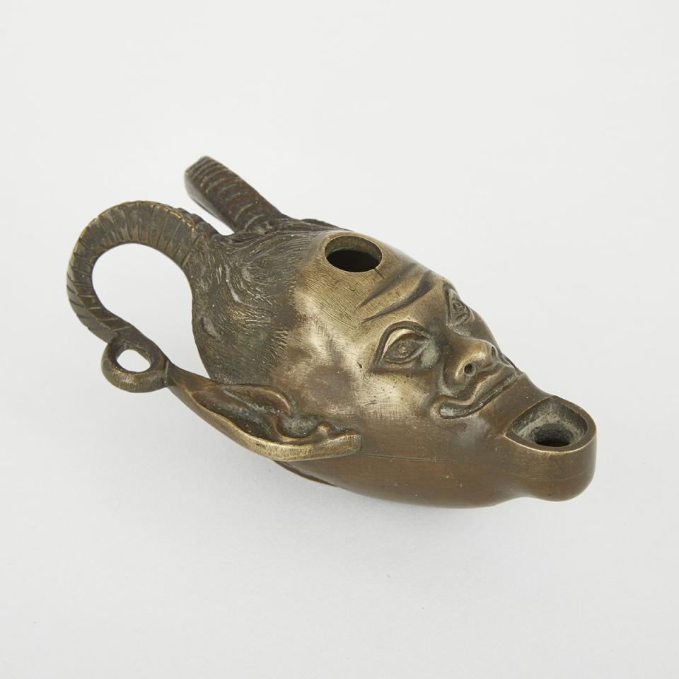 Roman Grand Tour Souvenir Bronze Satyr’s Head Form Oil Lamp, 19th century