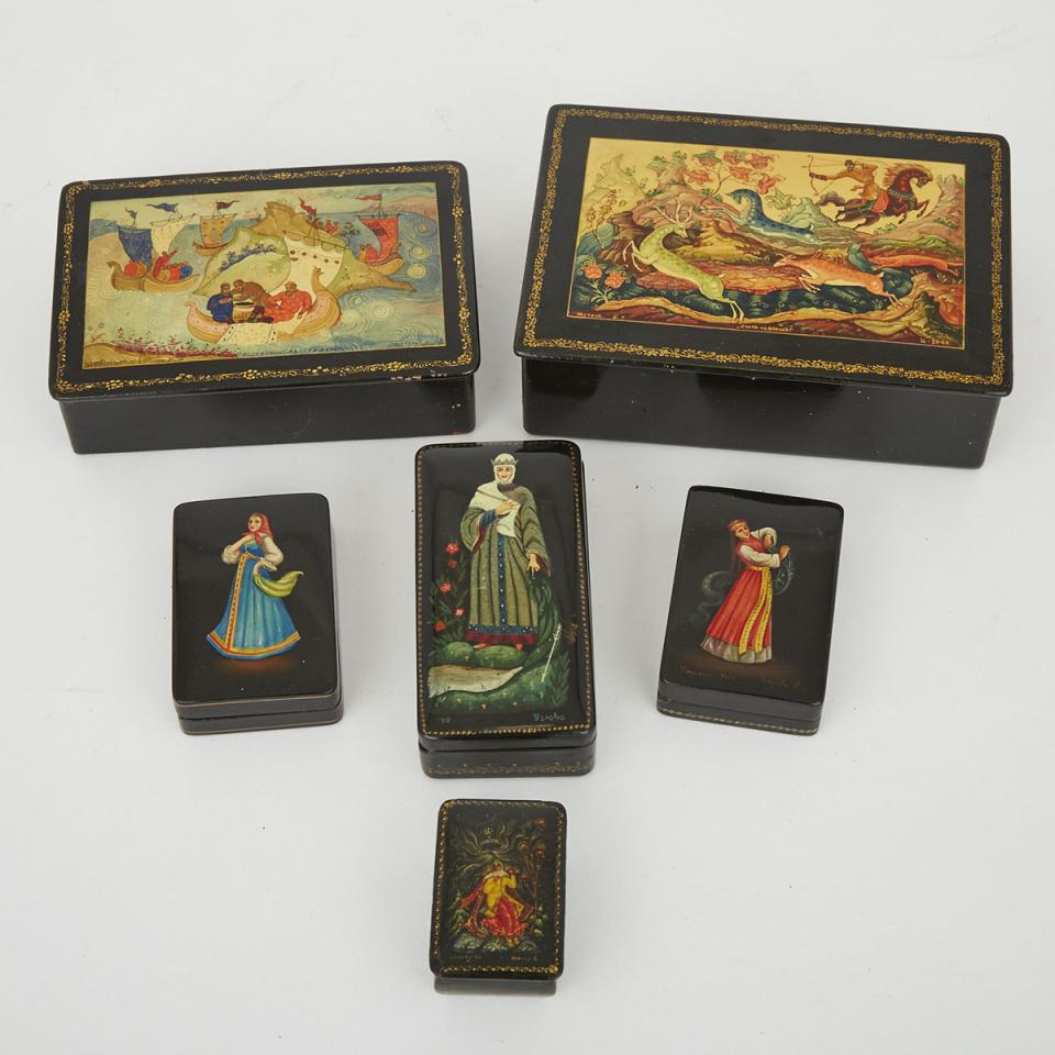 Group of Six Russian Lacquered Dresser Boxes, Mstyora, Fedoskino and other villages, 20th century