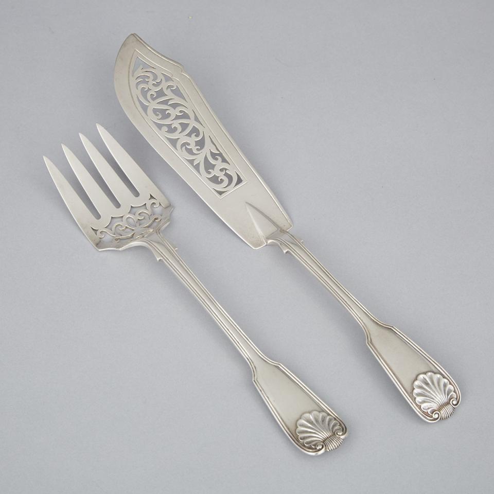 Pair of Victorian Silver Fiddle, Thread and Shell Pattern Fish Servers, George Adams, London, 1842
