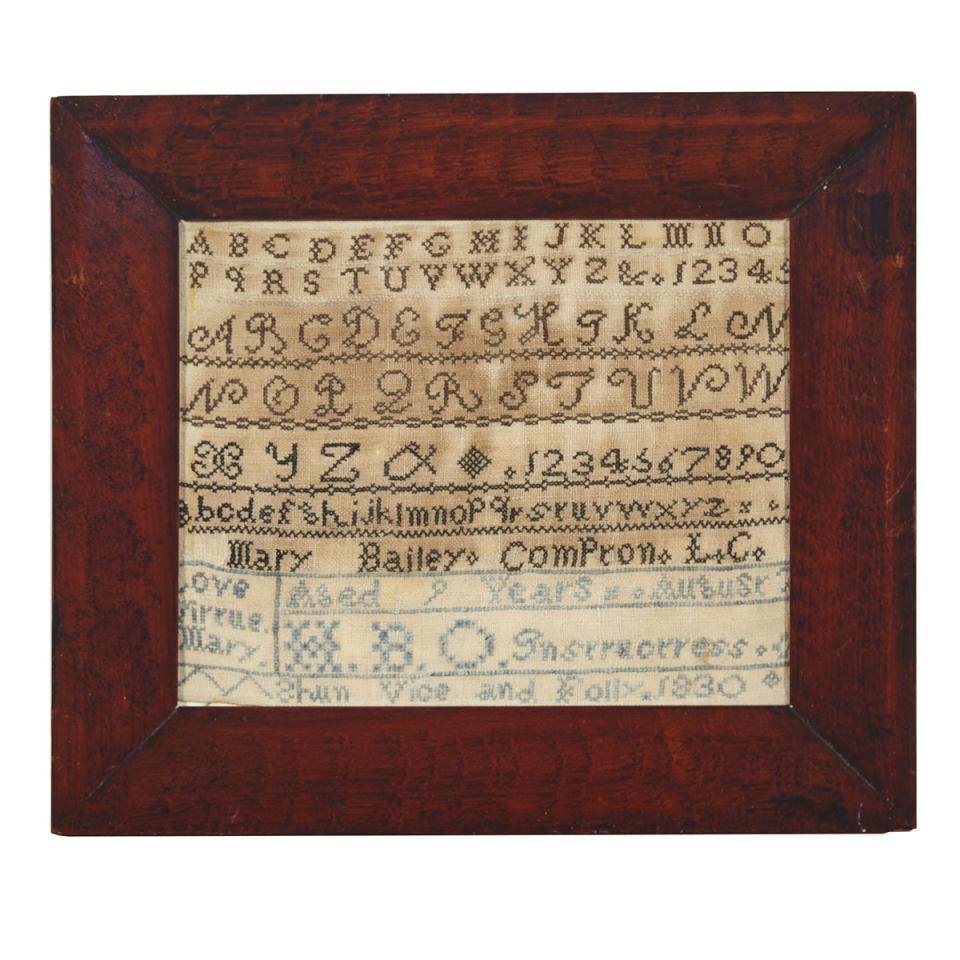 Quebec Alphabet Sampler, Mary Bailey, Aged 9 Years, Compton, L.C., August 7, 1830