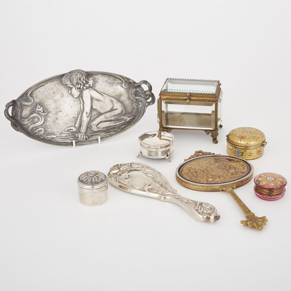 Group of Silver, Glass, Pewter, Silver Plated and Patinated Metal Dressing Table Articles, late 19th/20th century