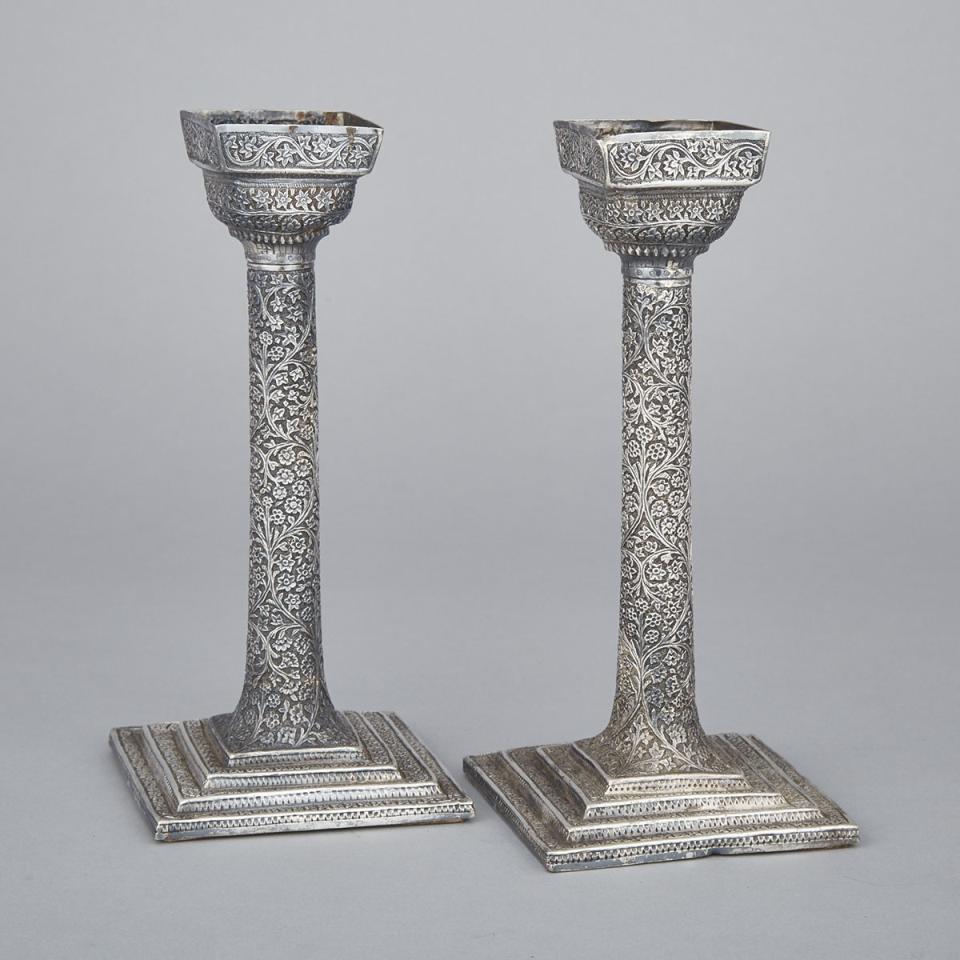 Pair of Indian Silver Table Candlesticks, probably Kutch, late 19th century