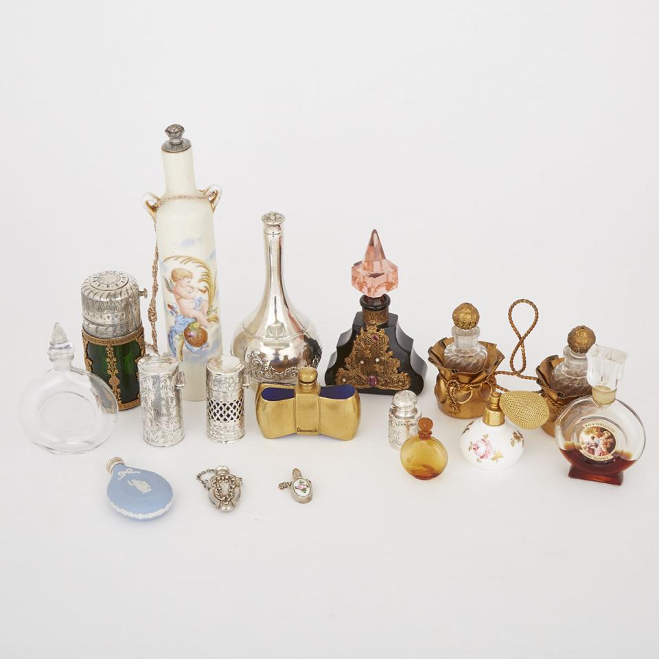 Sixteen Silver, Glass, Ceramic and Metal Perfume and Toilet Water Bottles, Flasks and Phials, late 19th/20th century