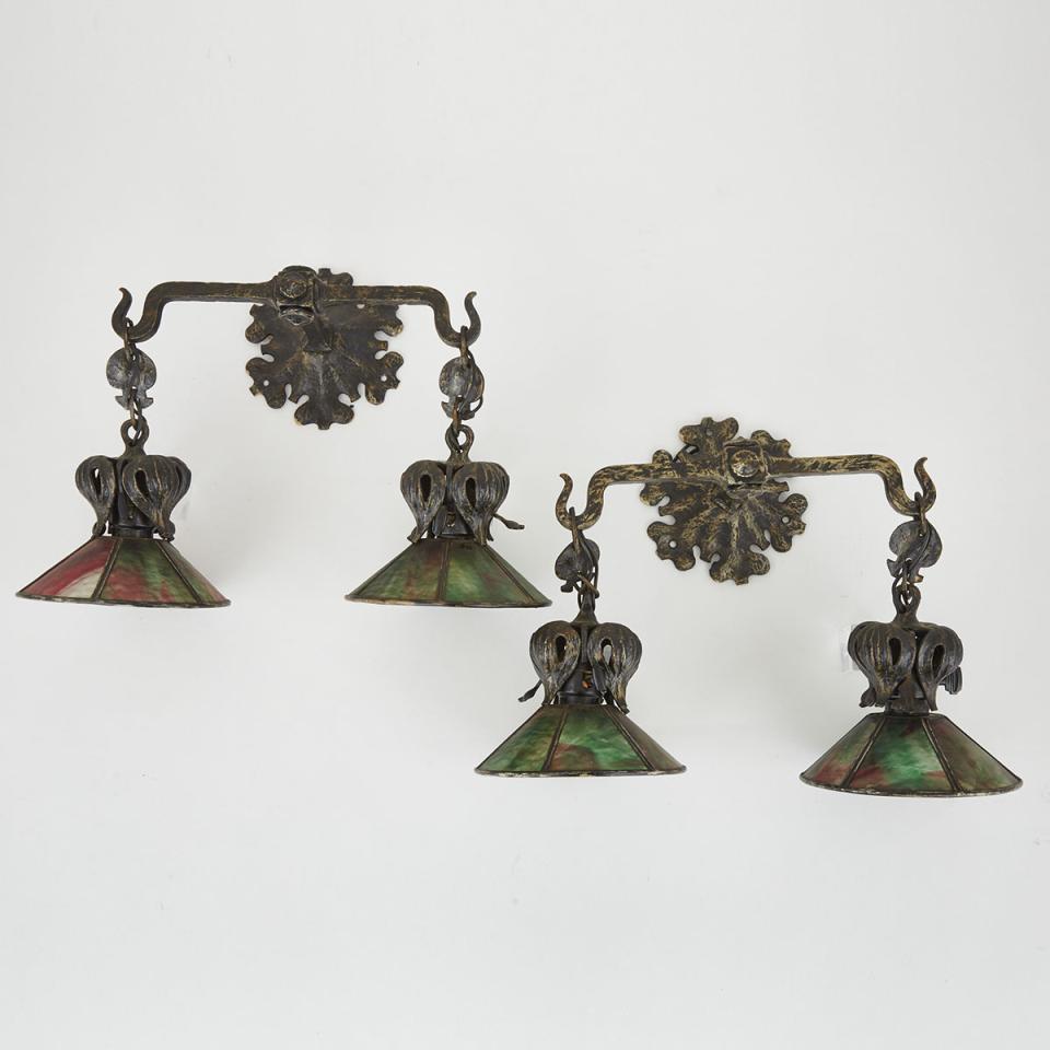 Pair of American Arts and Crafts Wrought Iron and Slag Glass Two LIght Wall Sconces, c.1900