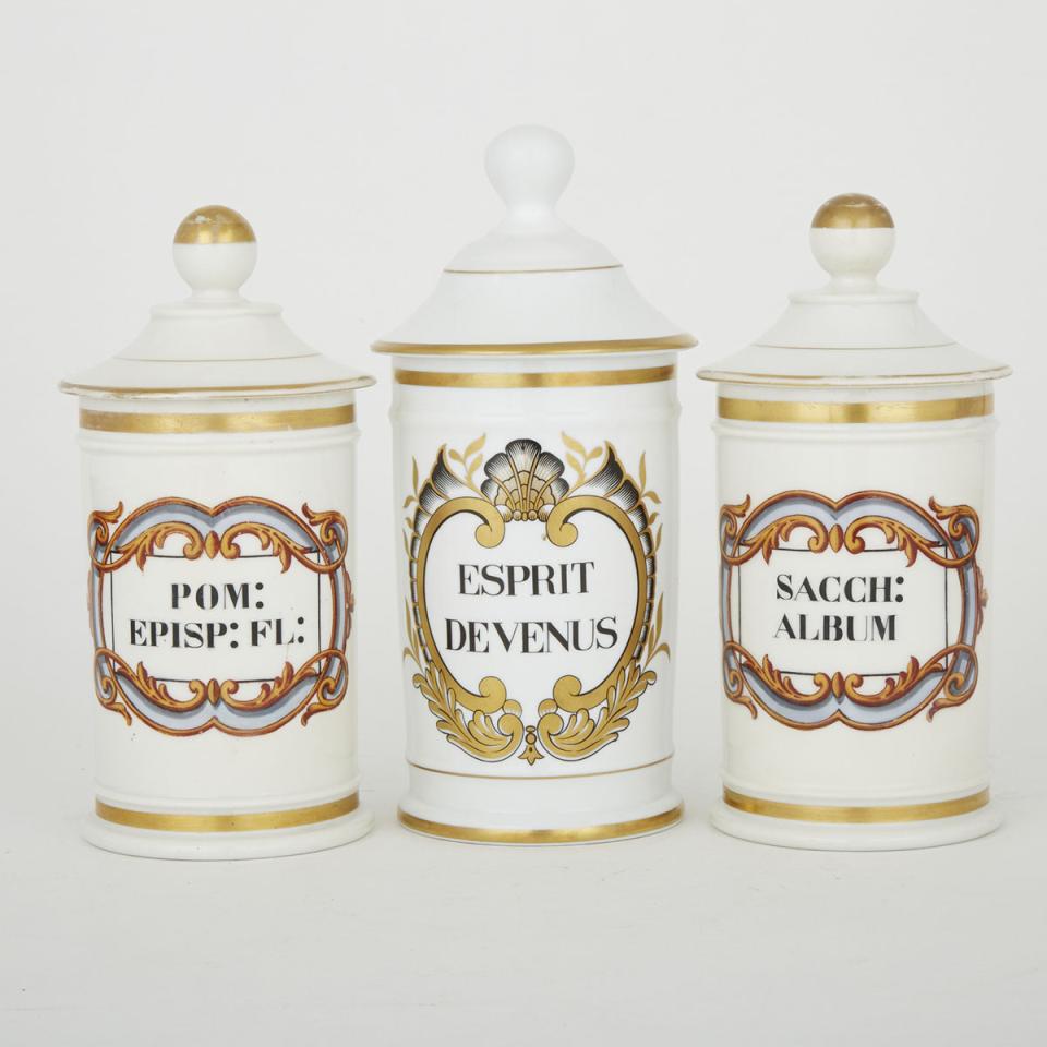 Three French Porcelain Apothecary Jars, early-mid 20th century