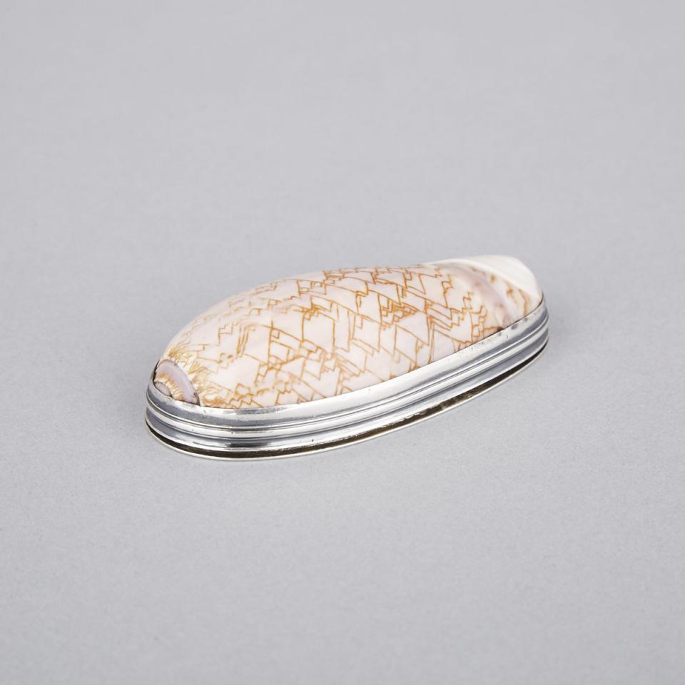 Engraved Silver Mounted Textile Cone Shell Snuff Box, 19th century