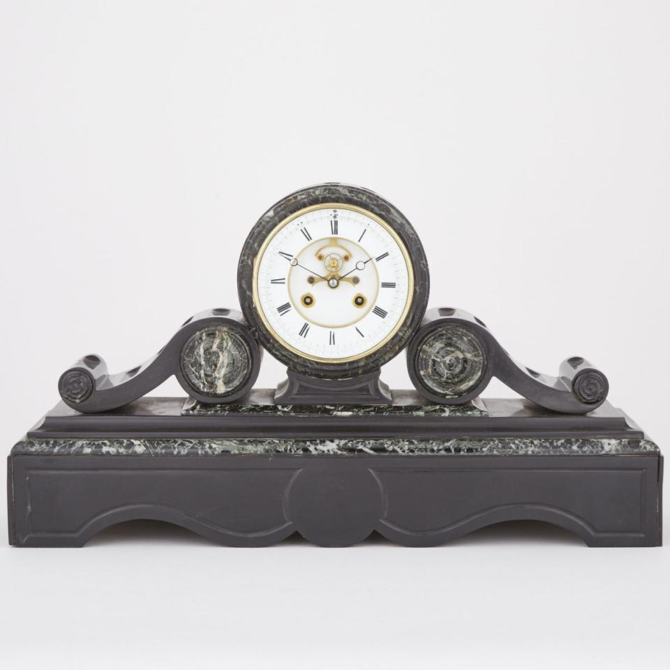 French Black Belgian Marble Drum Head Mantel Clock, c.1900