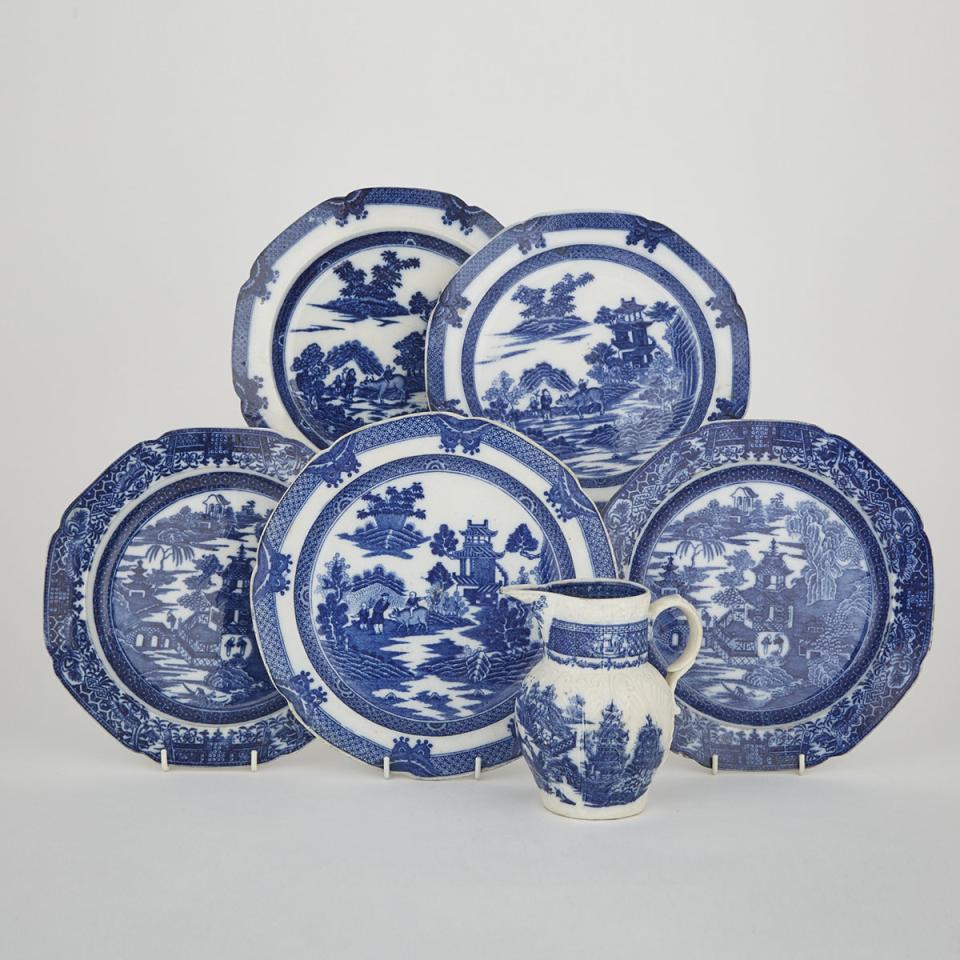 Five English Blue Printed Pearlware Plates and a Jug, late 18th/early 19th century