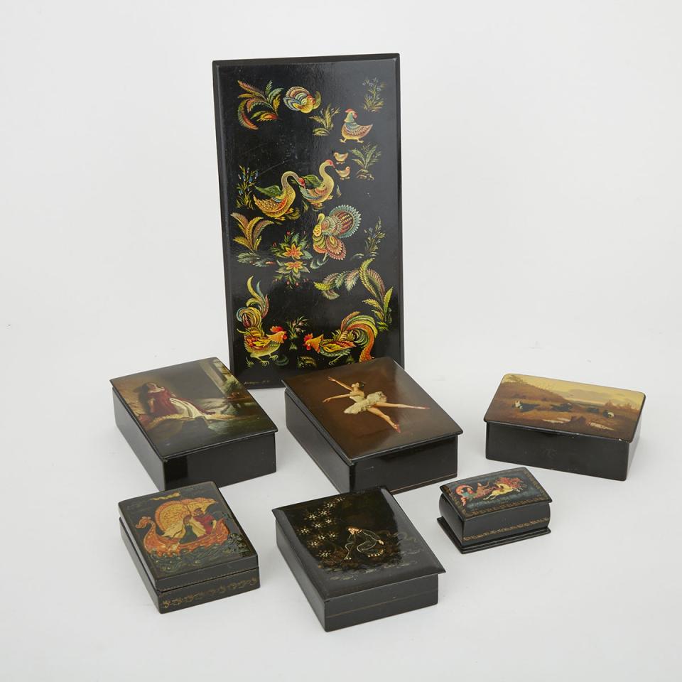 Group of Six Russian Lacquered Dresser Boxes and a Plaque, Palekh and other villages, 20th century