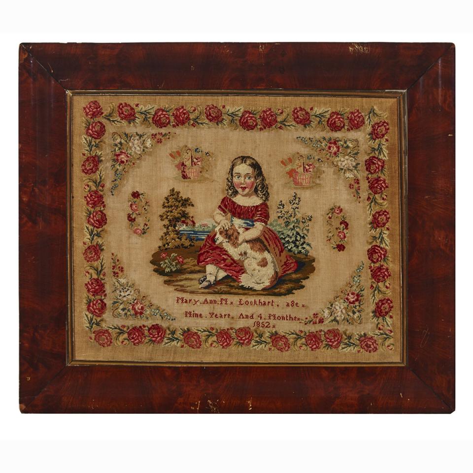 Large Victorian Pictorial Sampler, Mary Ann M. Lockhart, Aged 9 Years and 4 Months, 1852