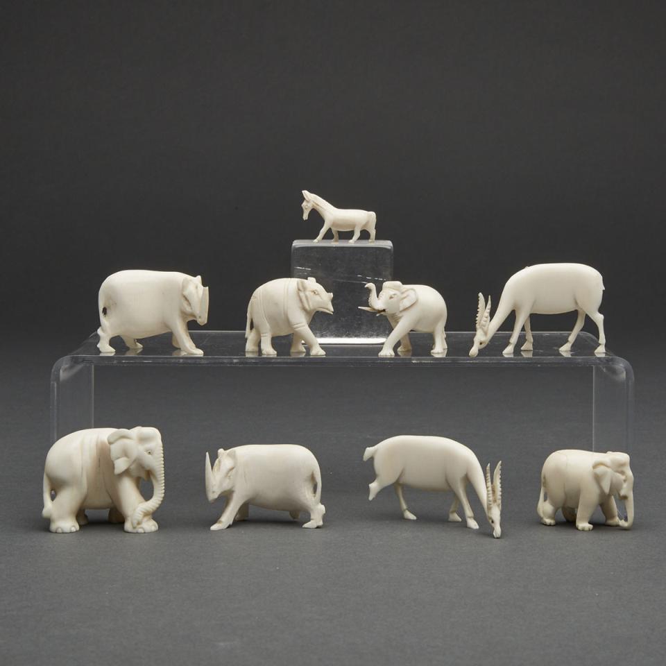 Collection of Nine Miniature Carved Ivory Animals, 19th/early 20th century