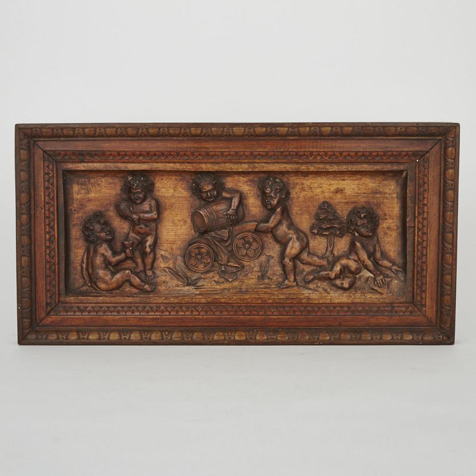 French Bacchanalian Relief Carved Mahogany Panel, 19th century