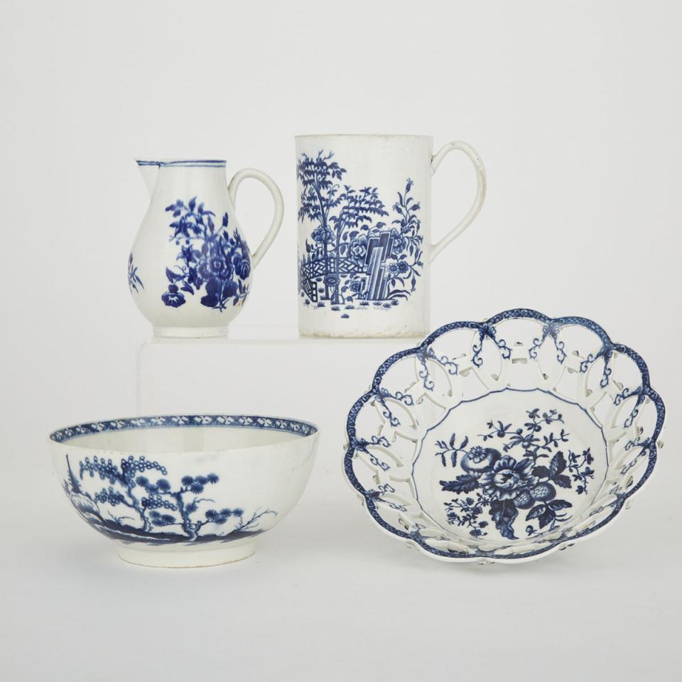 Worcester ‘Plantation Mug’, ‘Three Flowers’ Cream Jug, ‘Cannonball’ Waste Bowl, ‘Pine Cone’ Reticulated Basket, c.1770-80