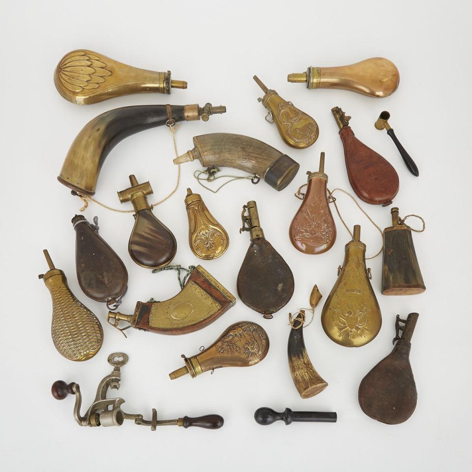 Miscellaneous Group of Powder Horns and Shot Flasks, and Cartridge Filling Tools, 19th century