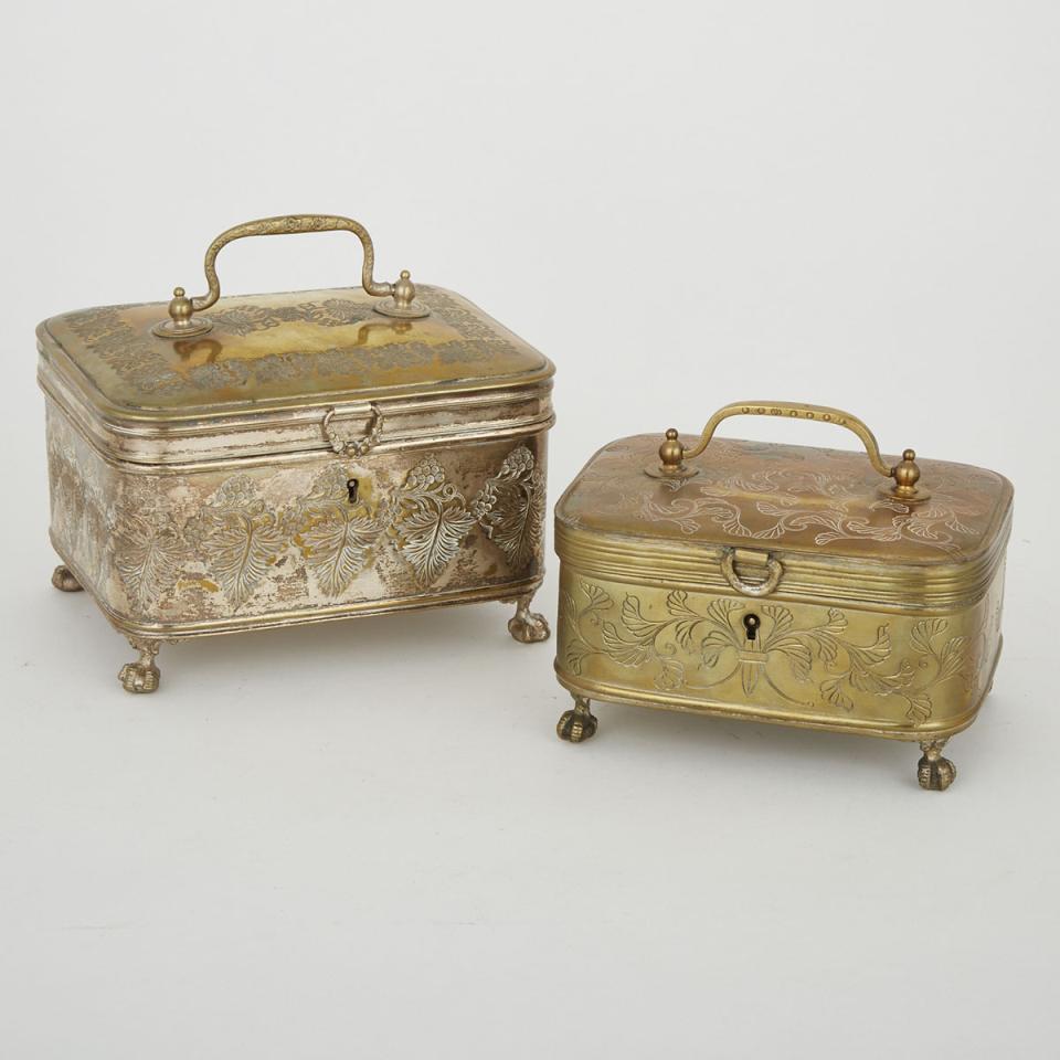 Two Dutch Colonial Silvered Brass Betel Nut Boxes, Indonesia, 19th century