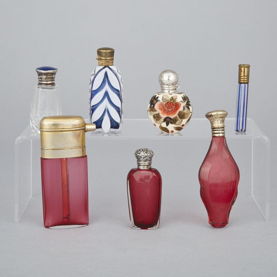 Seven Silver and Metal Mounted Glass Perfume Bottles and Phials, late 19th/early 20th century