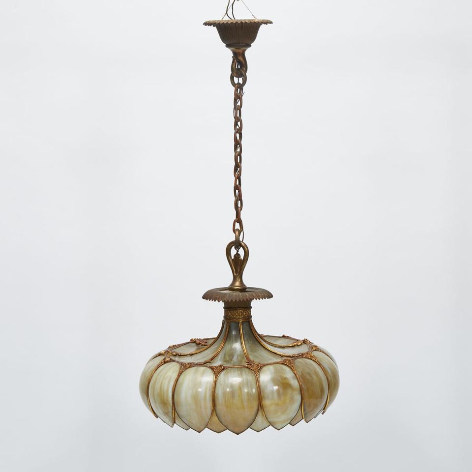 American  Gilt Metal and Slag Glass Hanging Light Fixture, c.1900