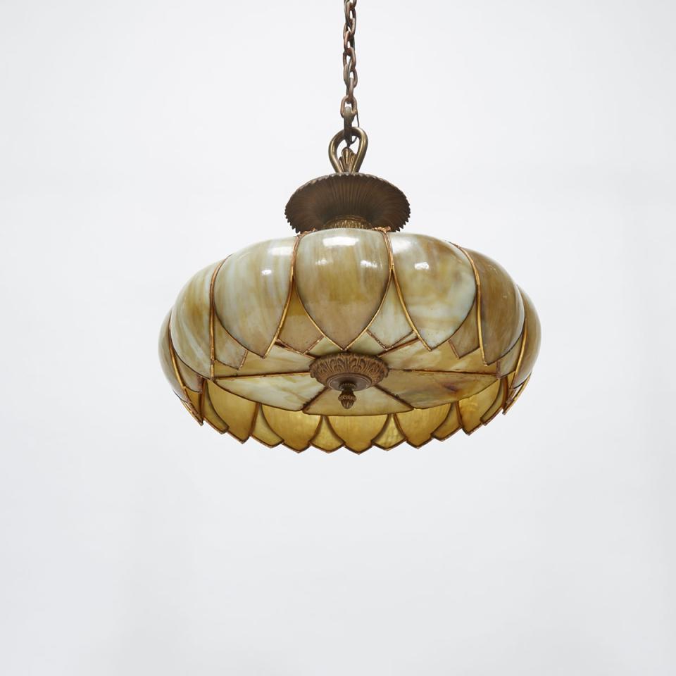 American  Gilt Metal and Slag Glass Hanging Light Fixture, c.1900