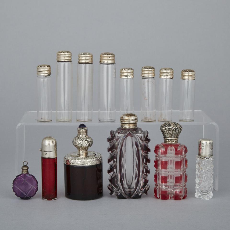 Fourteen Silver and Metal Mounted Glass Perfume Bottles and Phials, late 19th/early 20th century