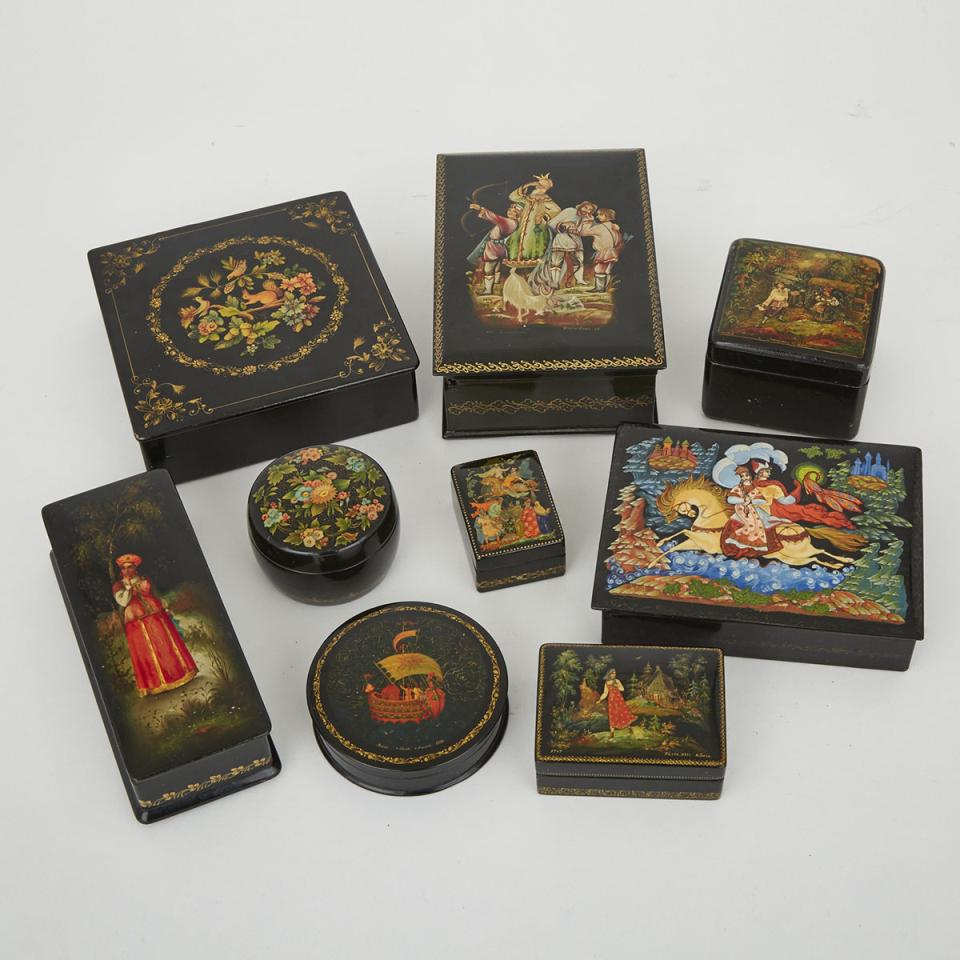 Group of Nine Russian Lacquered Dresser Boxes, Palekh and other villages, 20th century
