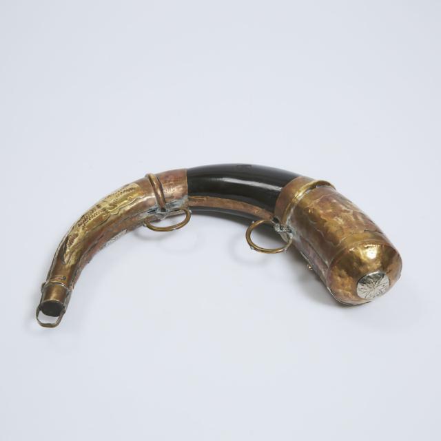 Moroccan Nickel Silver, Copper and Brass Mounted Powder Horn, early 20th century