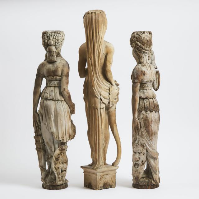 Three Carved Hardwood Caryatid Figures, 19th century