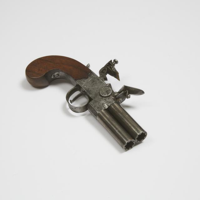 British Over-and-Under Double Barrel Flint-Boxlock Pocket Pistol, Moore, Chichester, late 18th/early 19th century