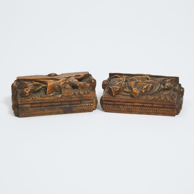 Two Scottish Carved Sycamore Robbie Burns 'Blind Man' Table Snuff Boxes, mid 19th century