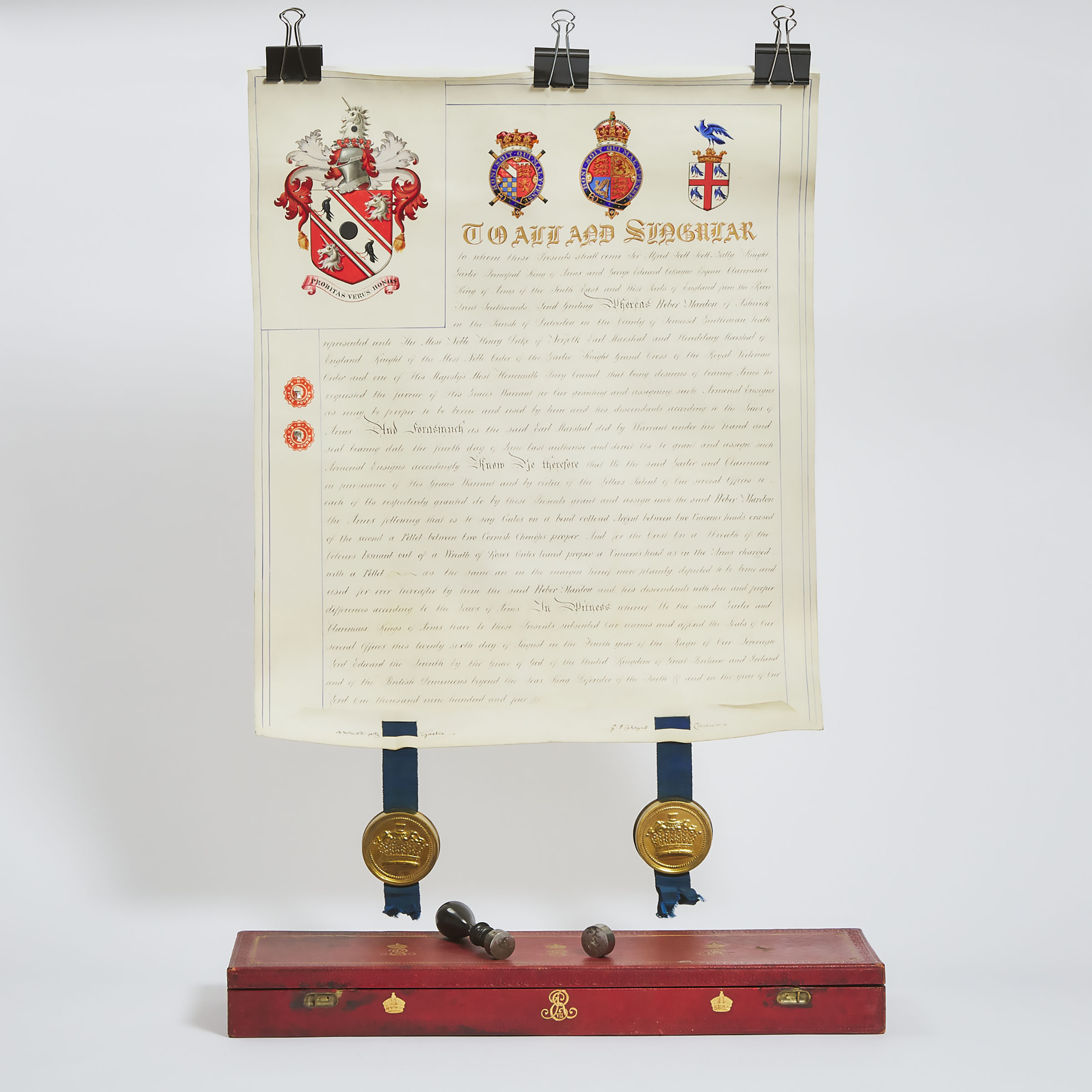 Edward VII Grant of Arms Letters Patent to Heber Mardon of Ashwick in the County of Somerset, England, 1904