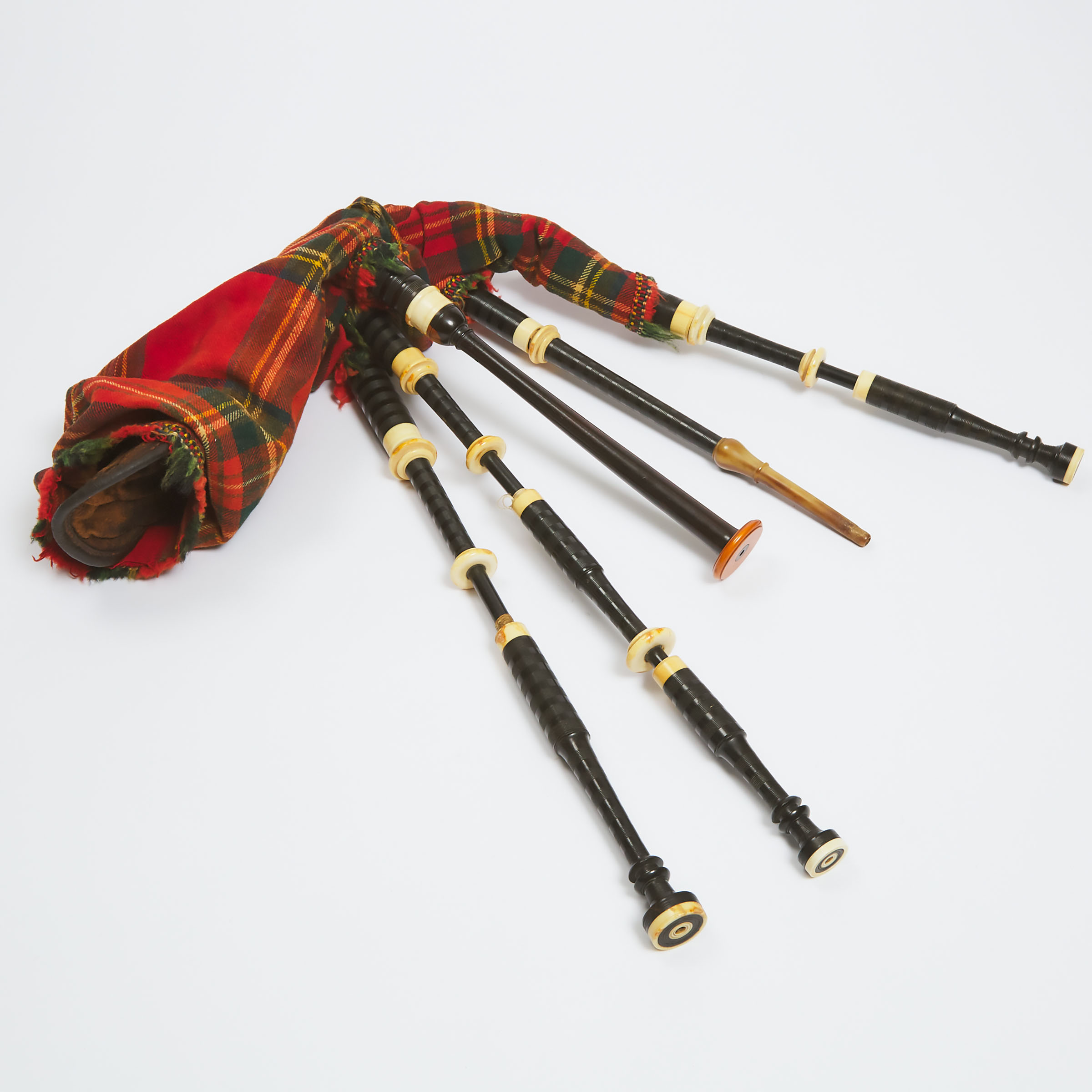 Set of Ivory Mounted Ebony Reel Pipes (Small Bagpipes), Sinclair-MacPherson, Edinburgh, Scotland, mid 20th century