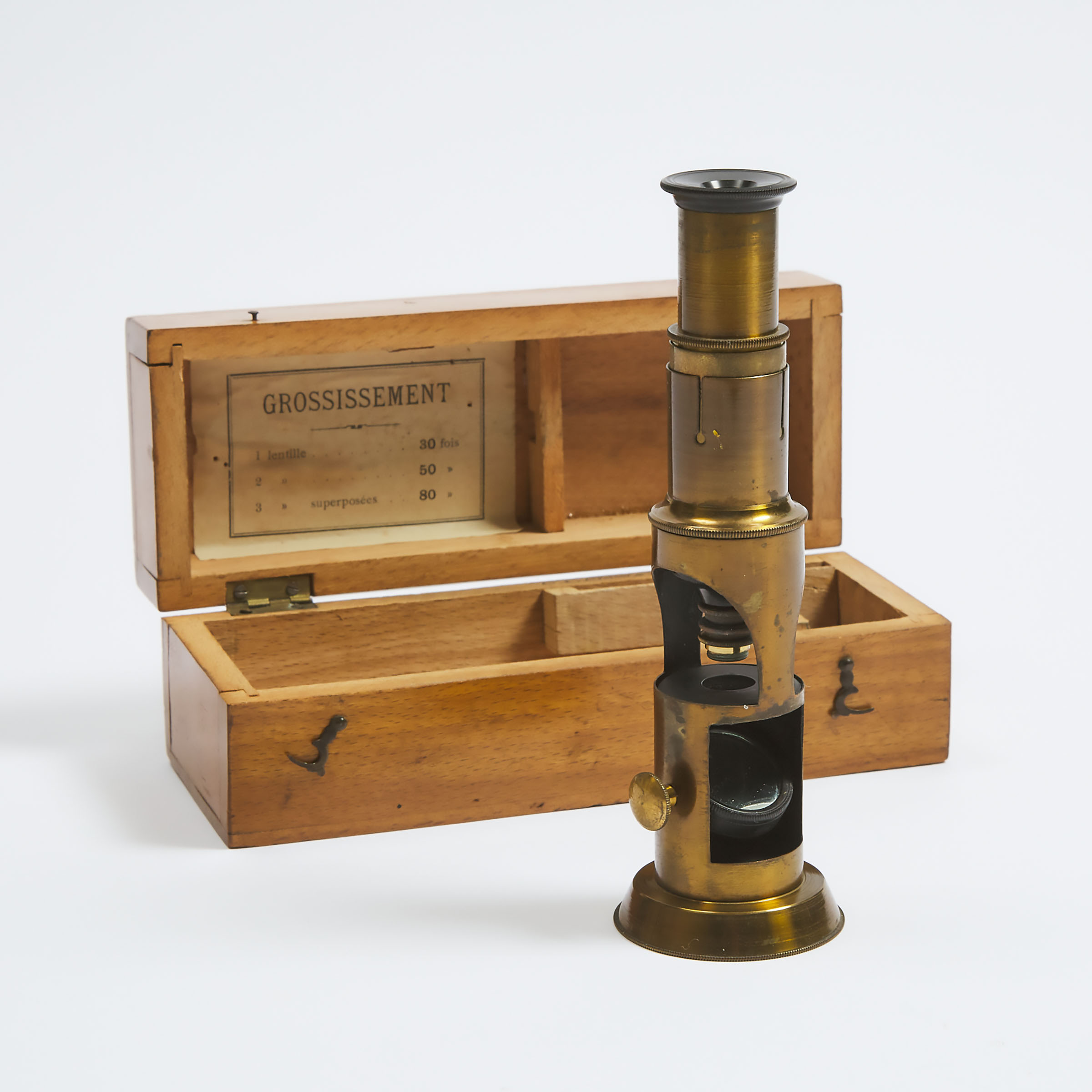 Small French Lacquered Brass Martin Drum-Type Field Microscope, early 20th century
