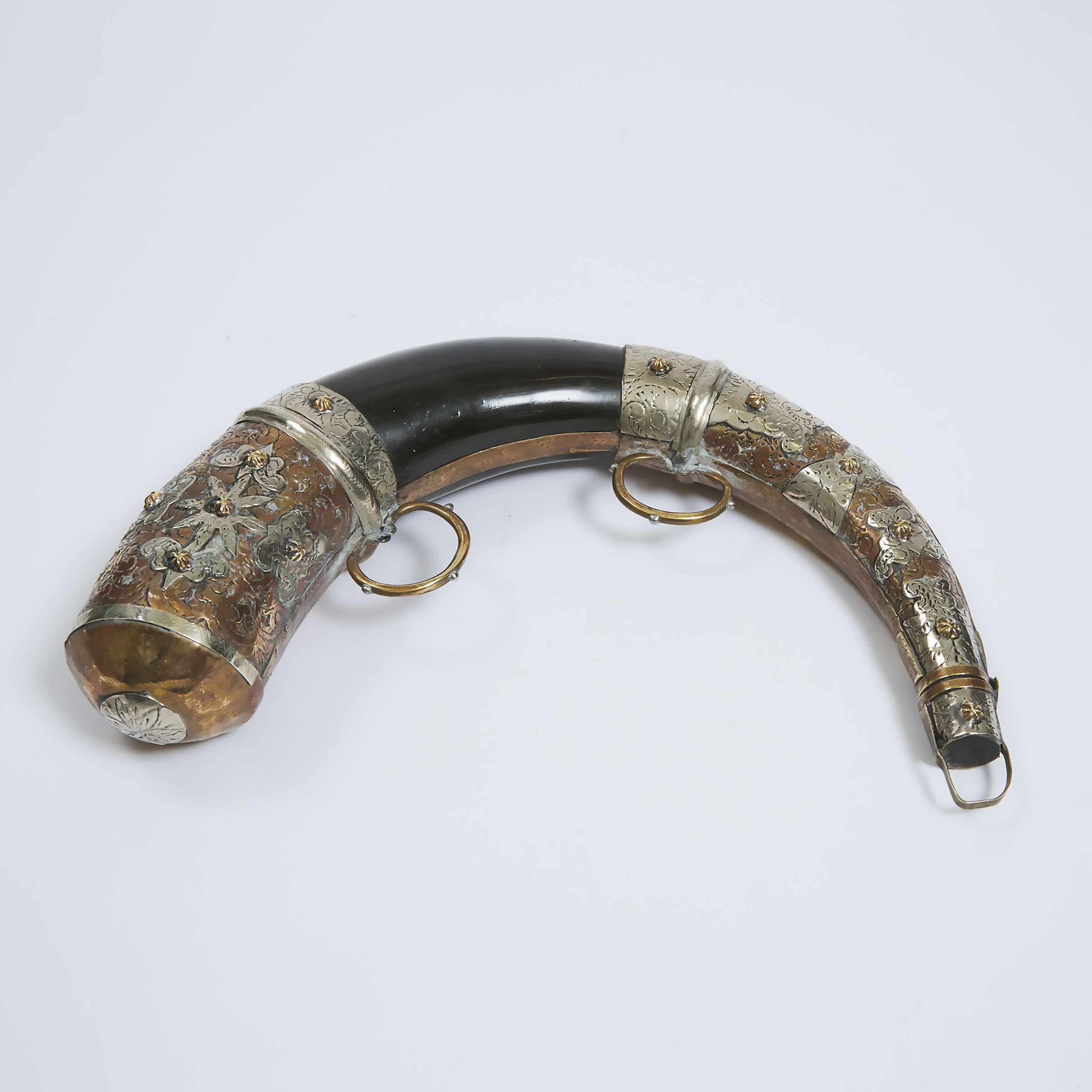 Moroccan Nickel Silver, Copper and Brass Mounted Powder Horn, early 20th century