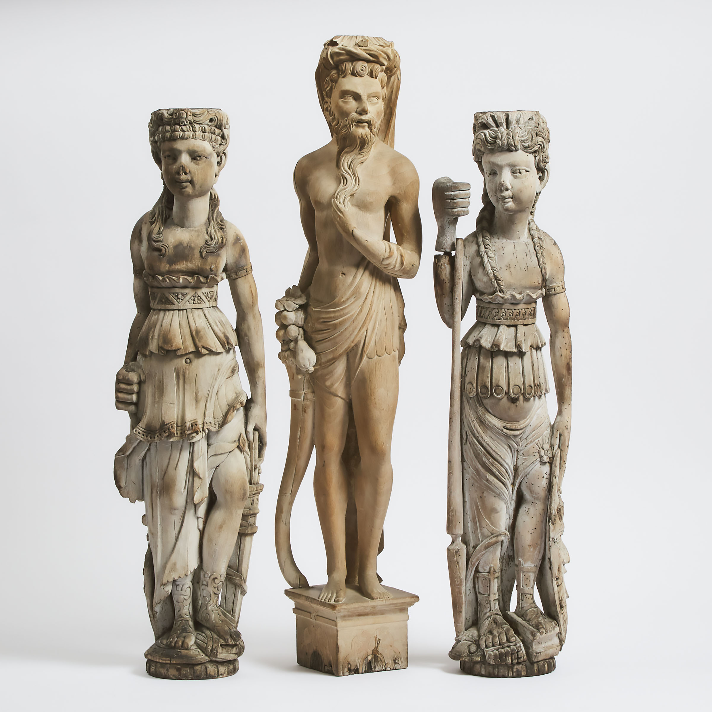 Three Carved Hardwood Caryatid Figures, 19th century