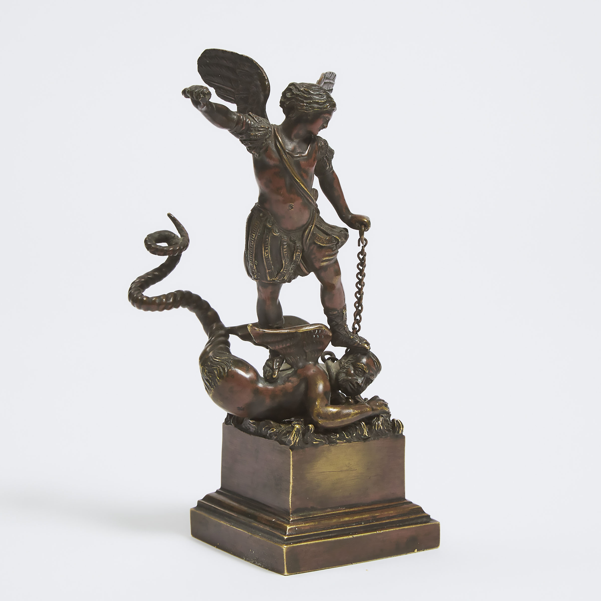 Small Continental School Bronze Group of St. Michael Slaying Satan as a Serpent, 19th century