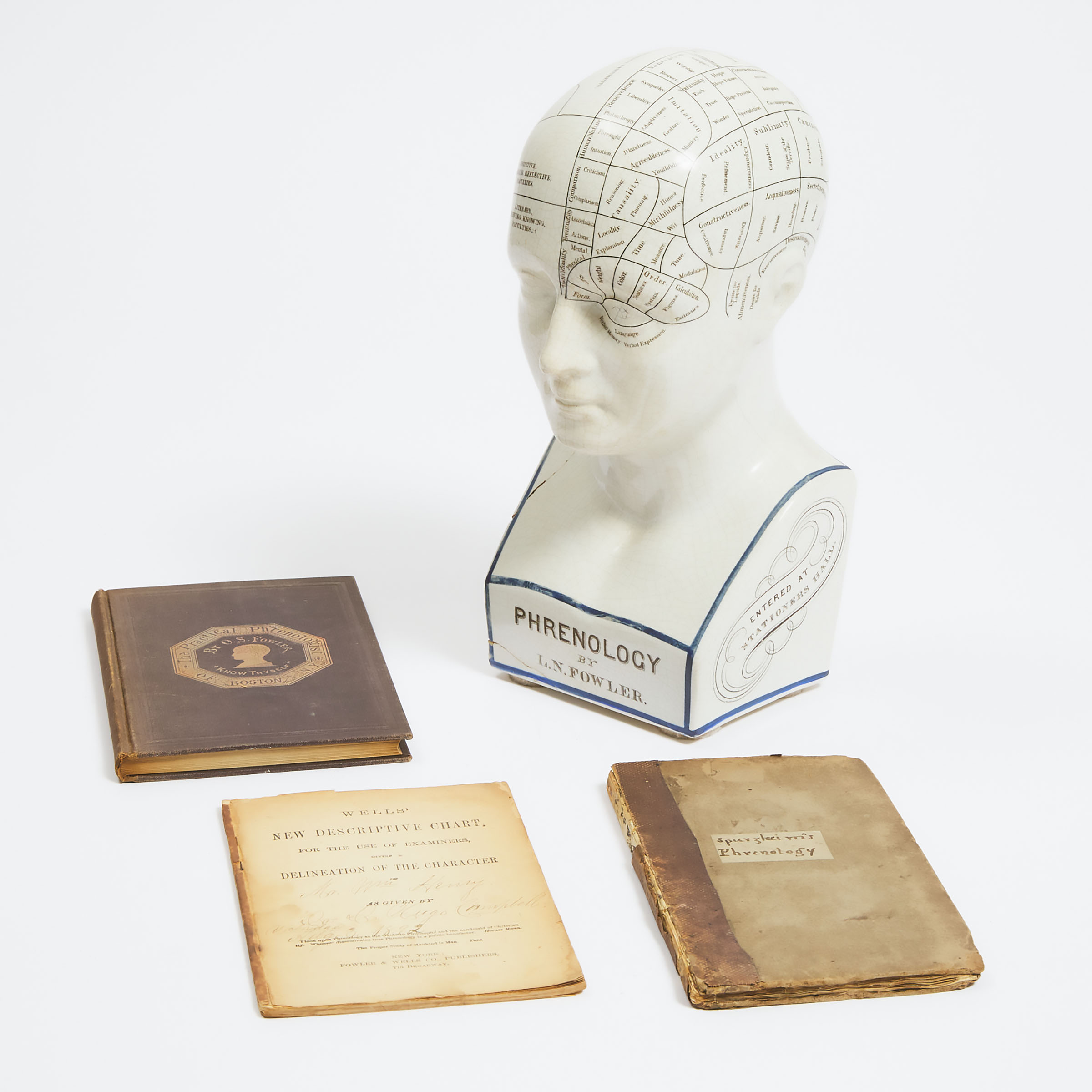 Lorenzo Niles Fowler Ceramic Phrenology Head and Two Related Books, early-mid 19th century