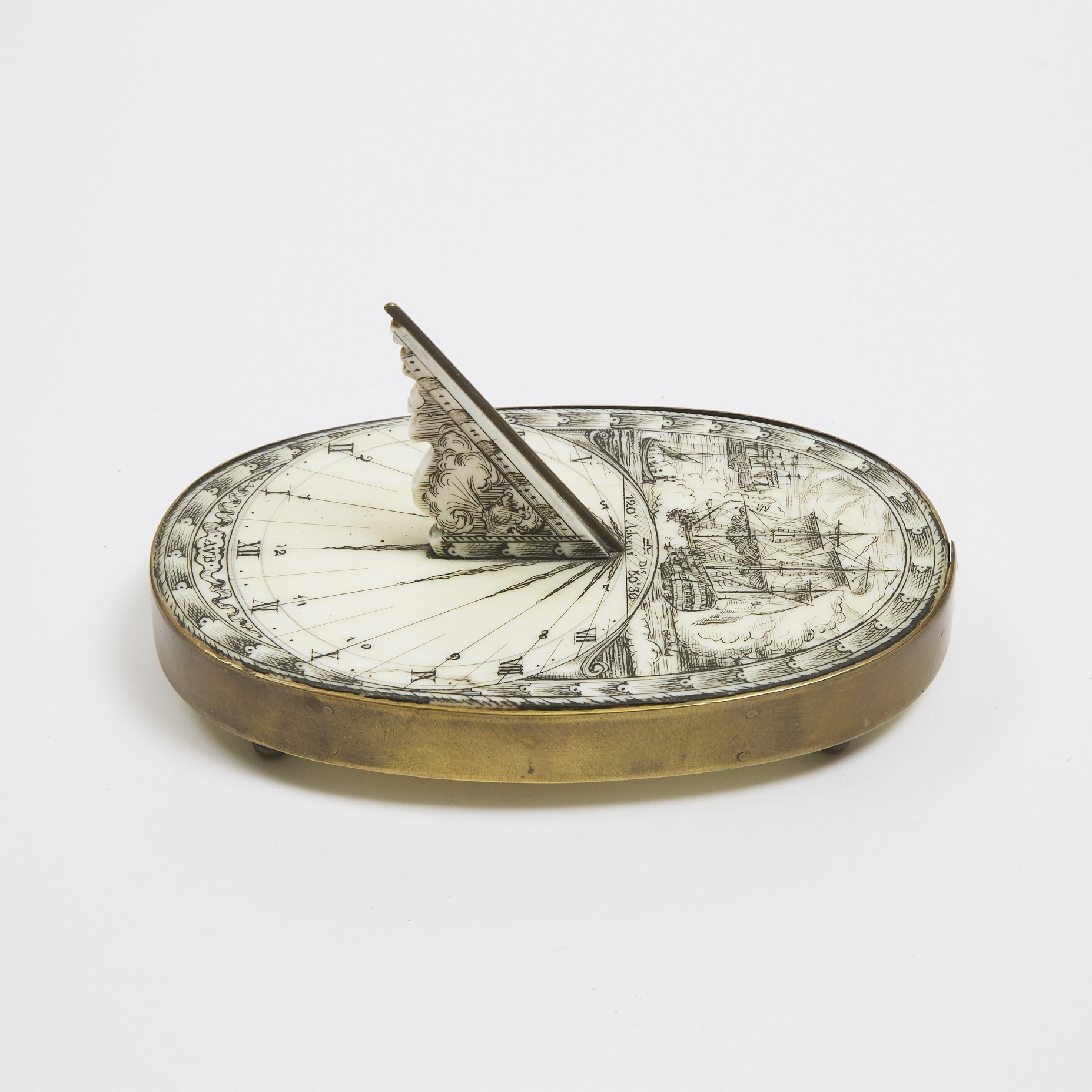 English Brass Mounted Engraved Ivory Desk Top Sundial, late 19th century