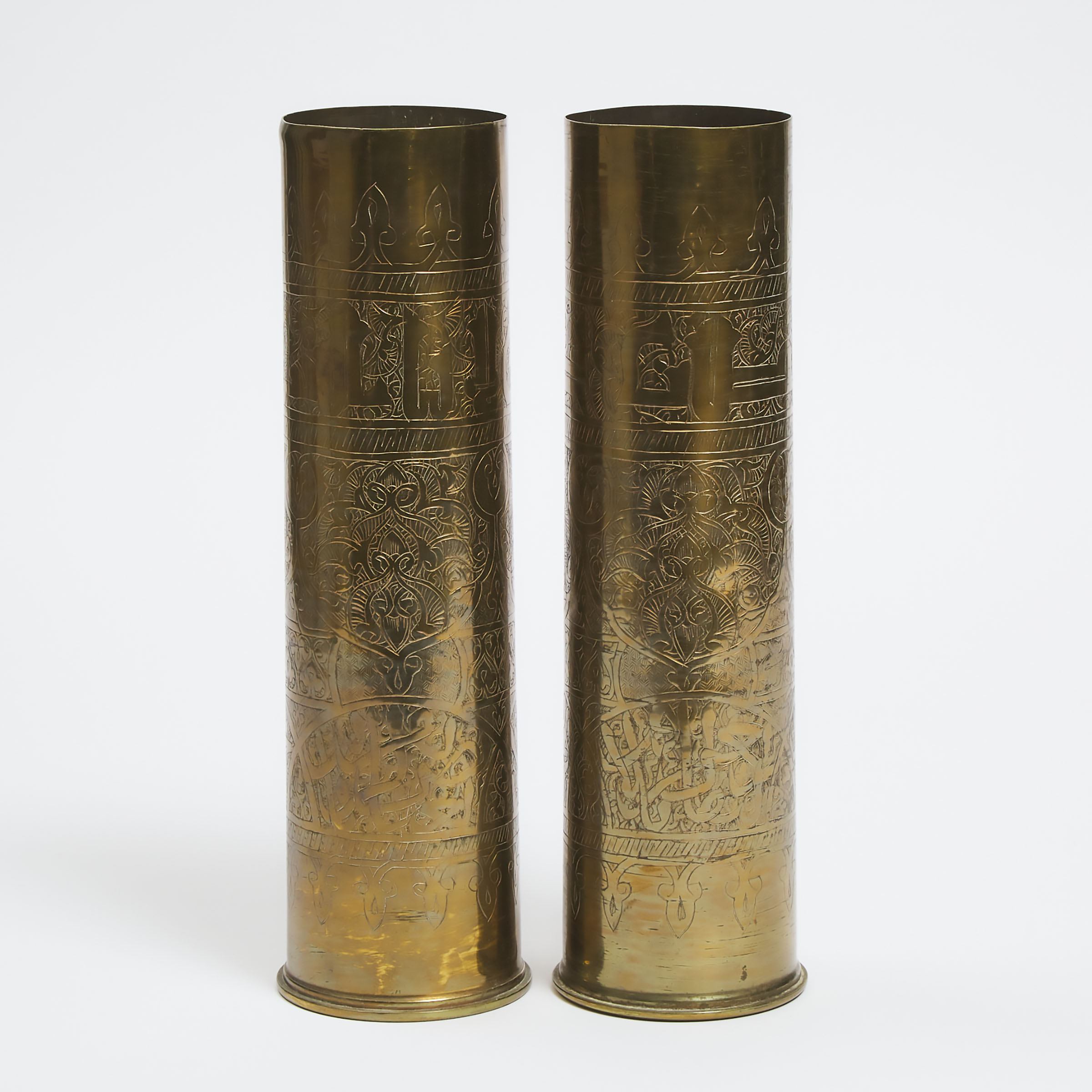 Pair of Middle Eastern 'Trench Art' Shell Casing Vases, early 20th century