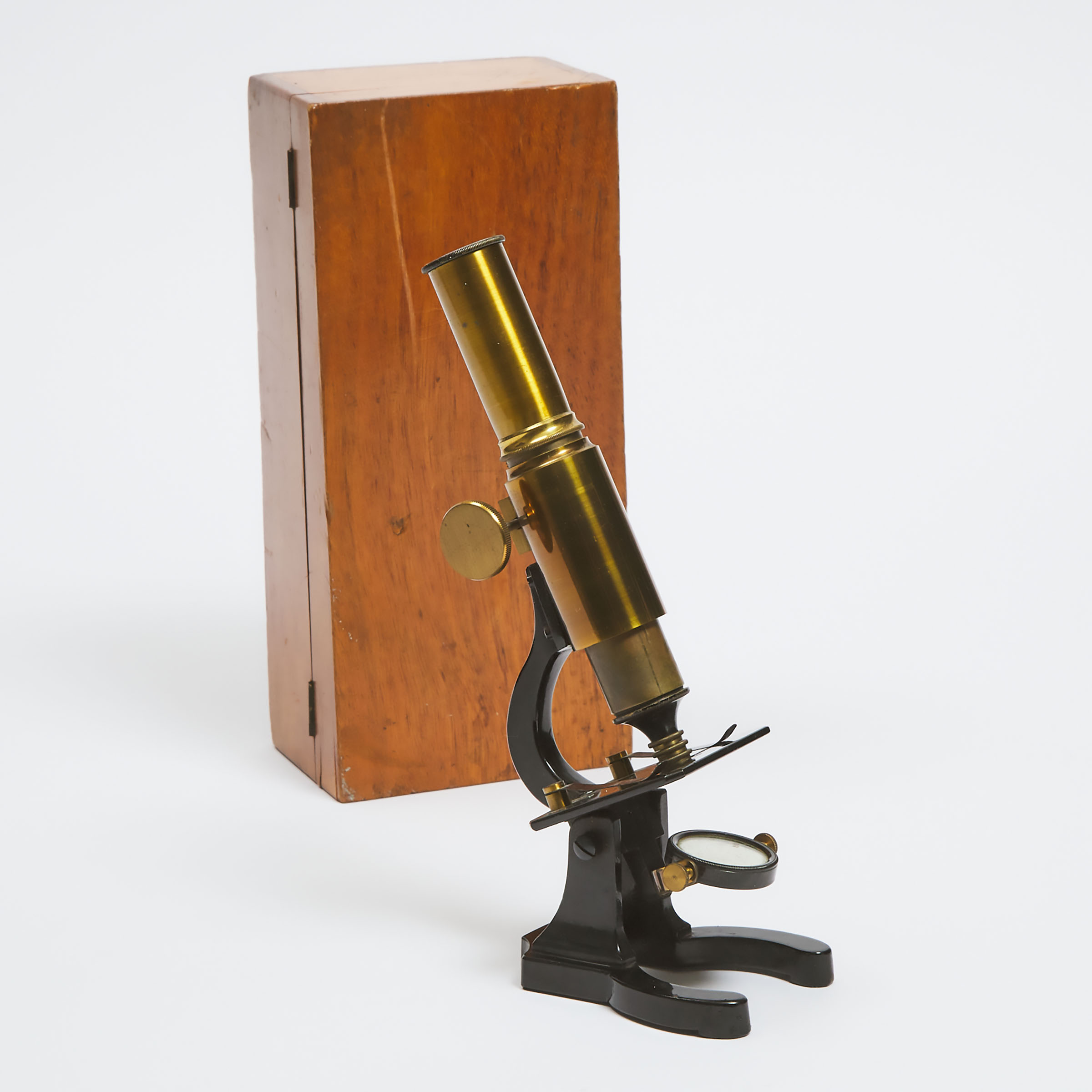 Small Lacquered and Black Enamelled Brass Compound Field Microscope, early 20th century