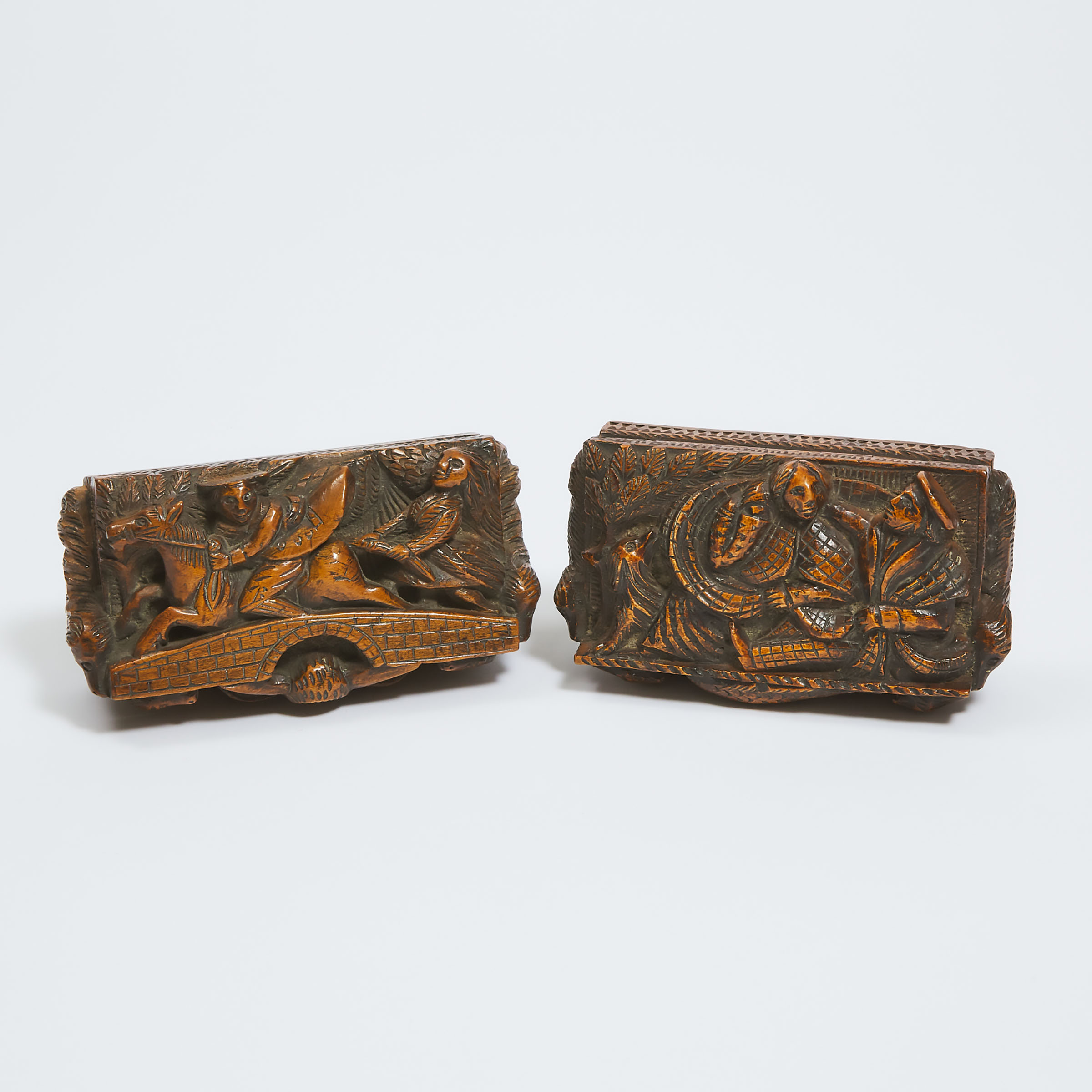 Two Scottish Carved Sycamore Robbie Burns 'Blind Man' Table Snuff Boxes, mid 19th century