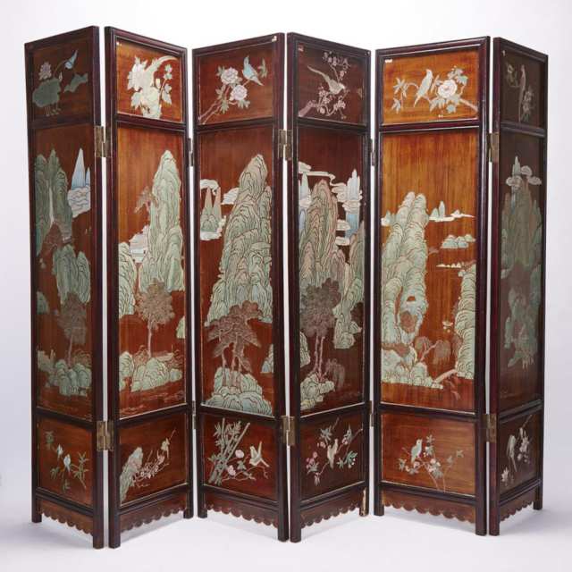 A Six Panel Wood Carved Folding Screen