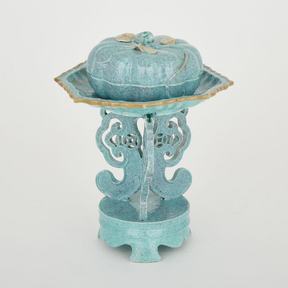 A Robin’s Egg Glazed Gourd Box with Stand, 19th/20th Century