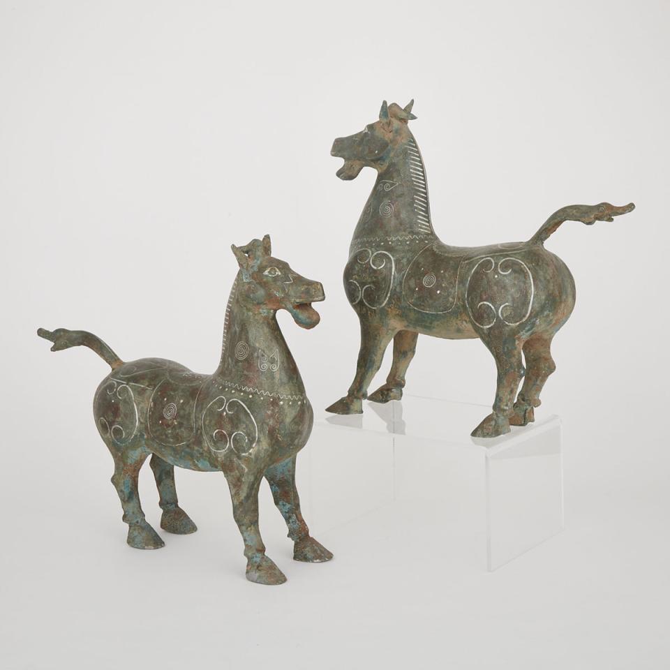 A Pair of Metal Inlaid Pottery Horses
