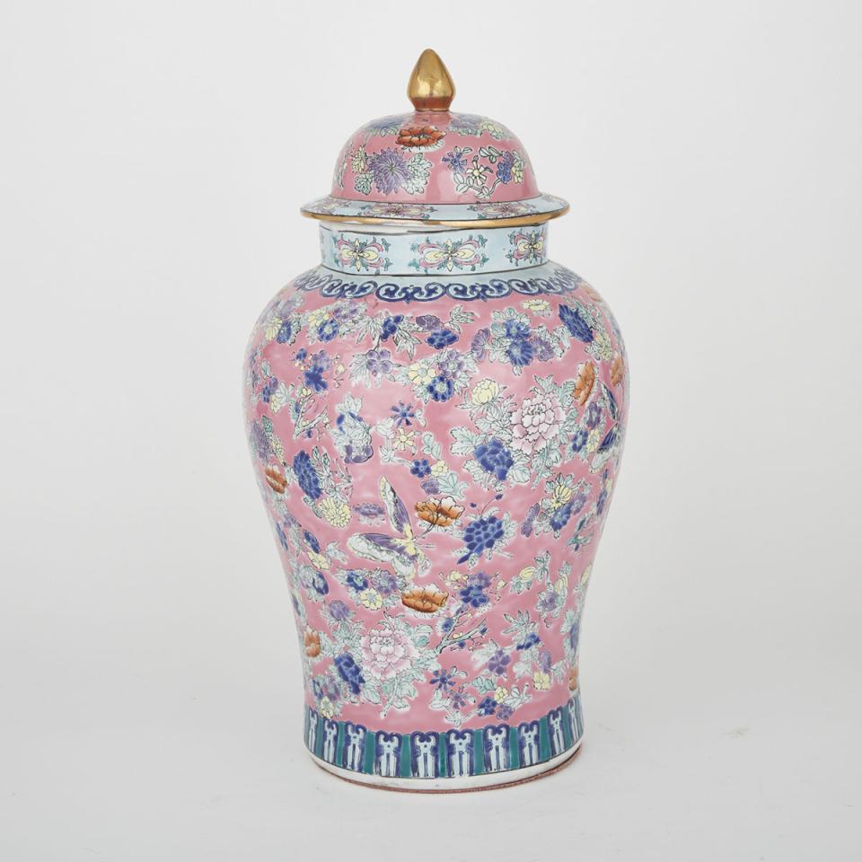 A Pink-Ground Covered Famille Rose Vase, Mid 20th Century