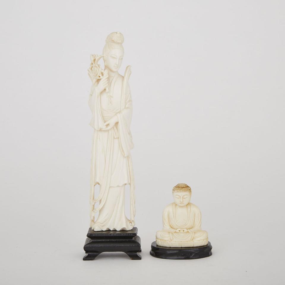A Carved Ivory Female Immortal together with a Carved Ivory Buddha, Circa 1940