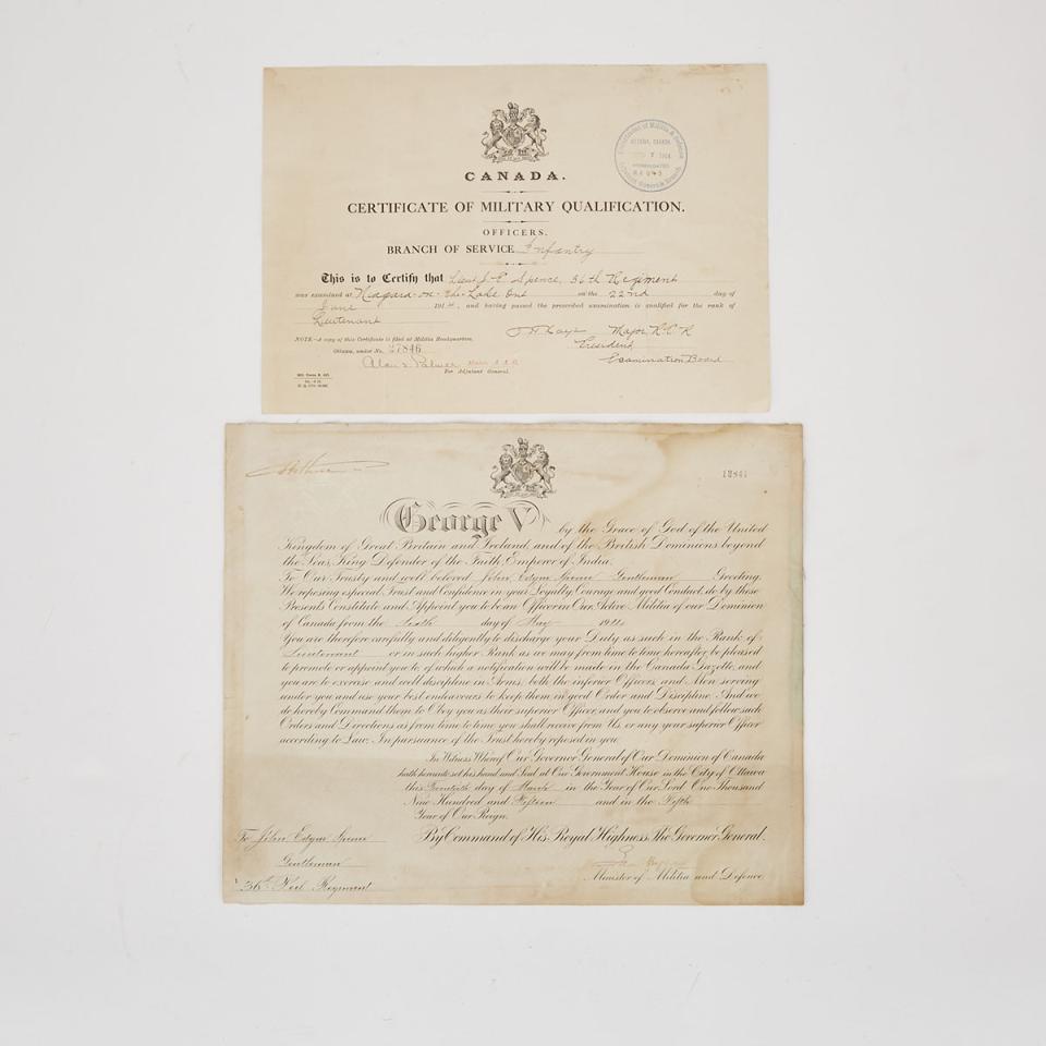George V Officer’s Appointment SIgned by Arthur, Duke of Connaught, and Canadian Certificate of Military Qualification, both to Lieutenant John Edgar Spence (Dufferin County, 1885-1962), 1914