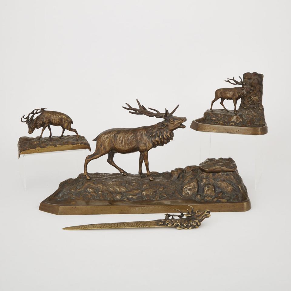 Austrian Naturalistic Bronze Four Piece Elk Form Desk Set, early 20th century
