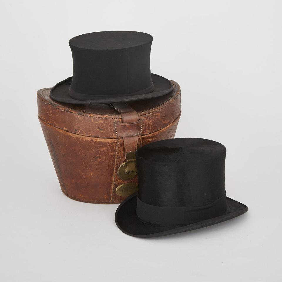 Two Men’s Hats: A Plush SIlk Top Hat in a Leather Case, and an Collapsible Opera Top Hat, c.1930