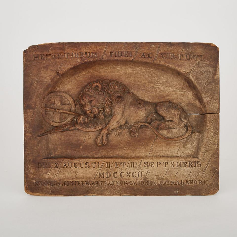 Swiss Relief Carved Walnut Panel of The Lion of Lucerne, 19th century